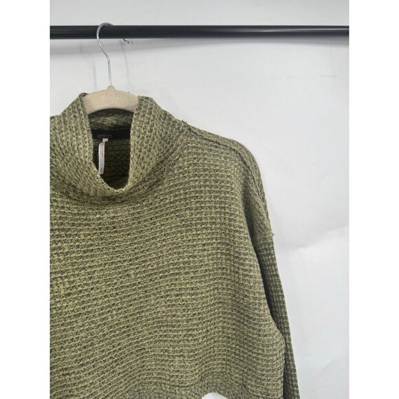 Free People Waffle Knit Cropped Top Women Small Green Oversized Lagenlook Boho - Picture 10 of 12